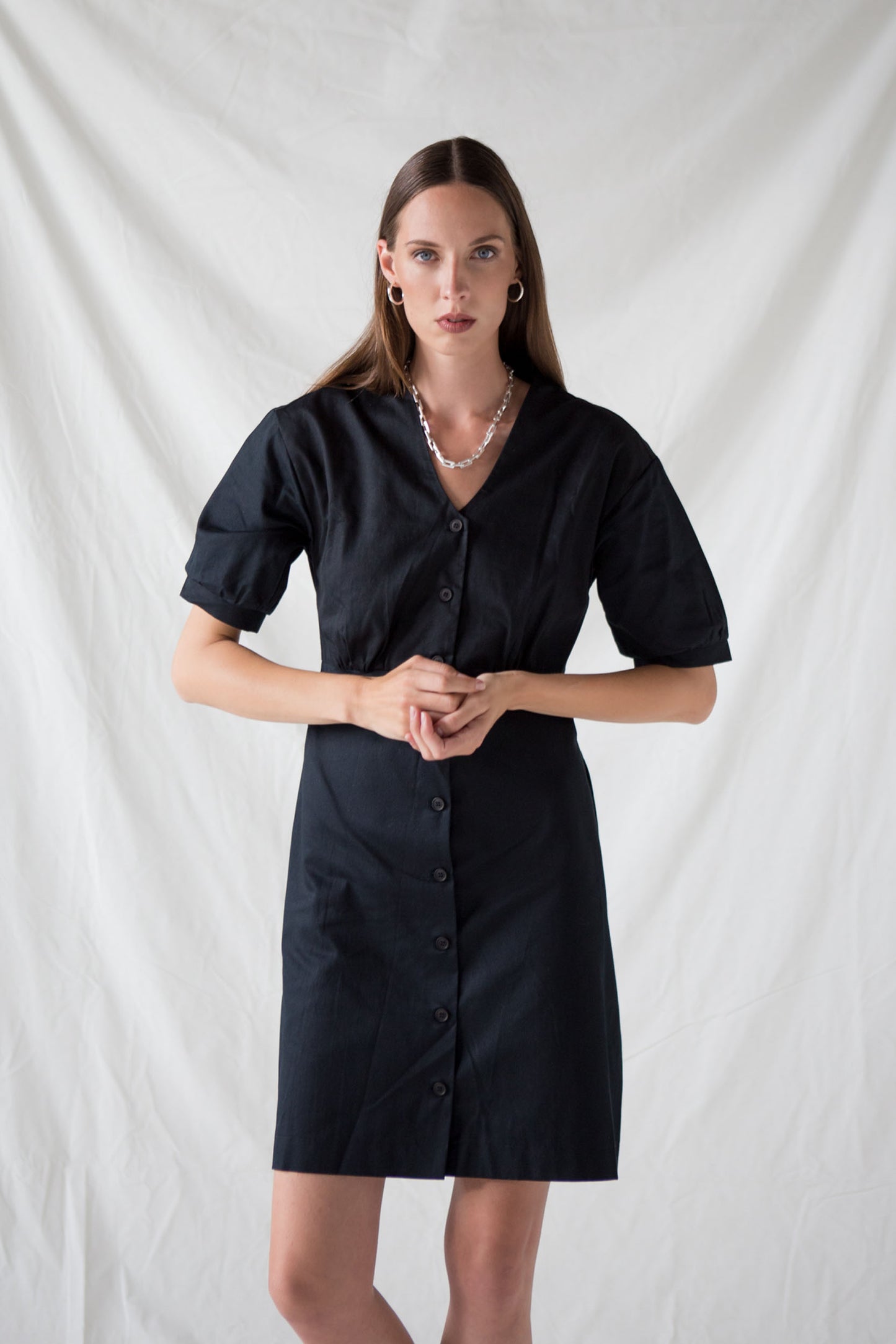 Black organic cotton button up dress