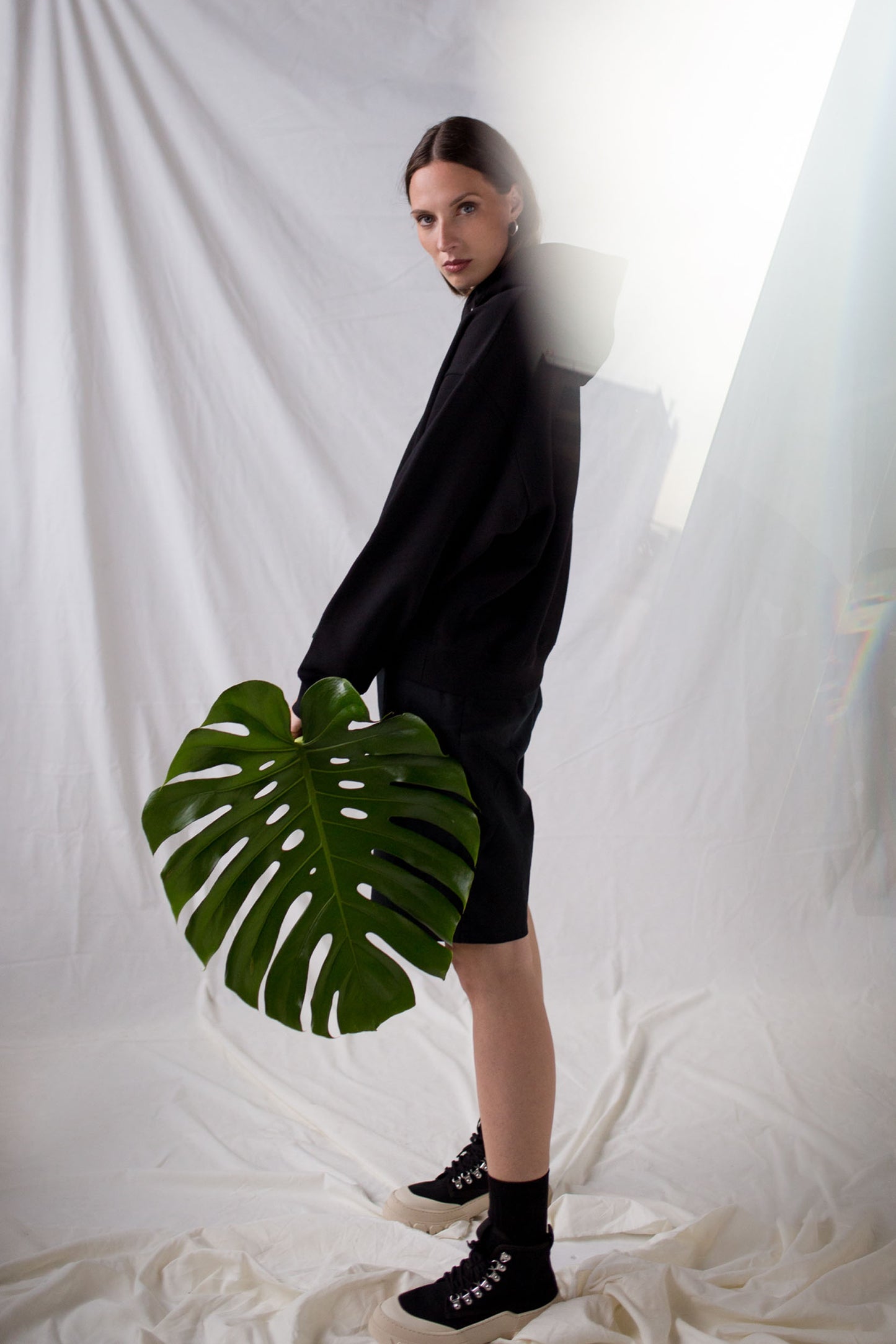 Black twill shorts and organic cotton hoodie