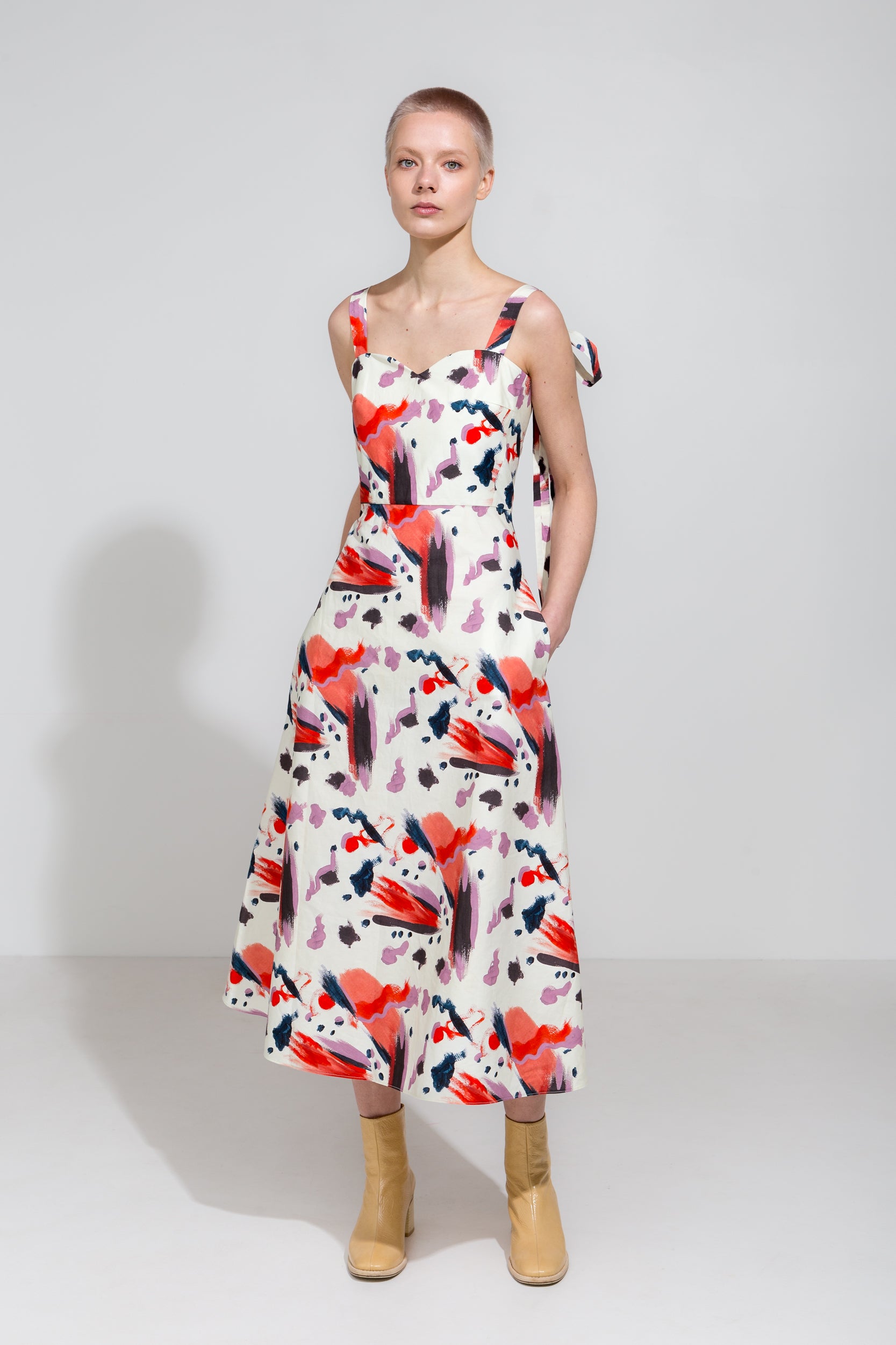 Organic cotton strapless midi dress in print
