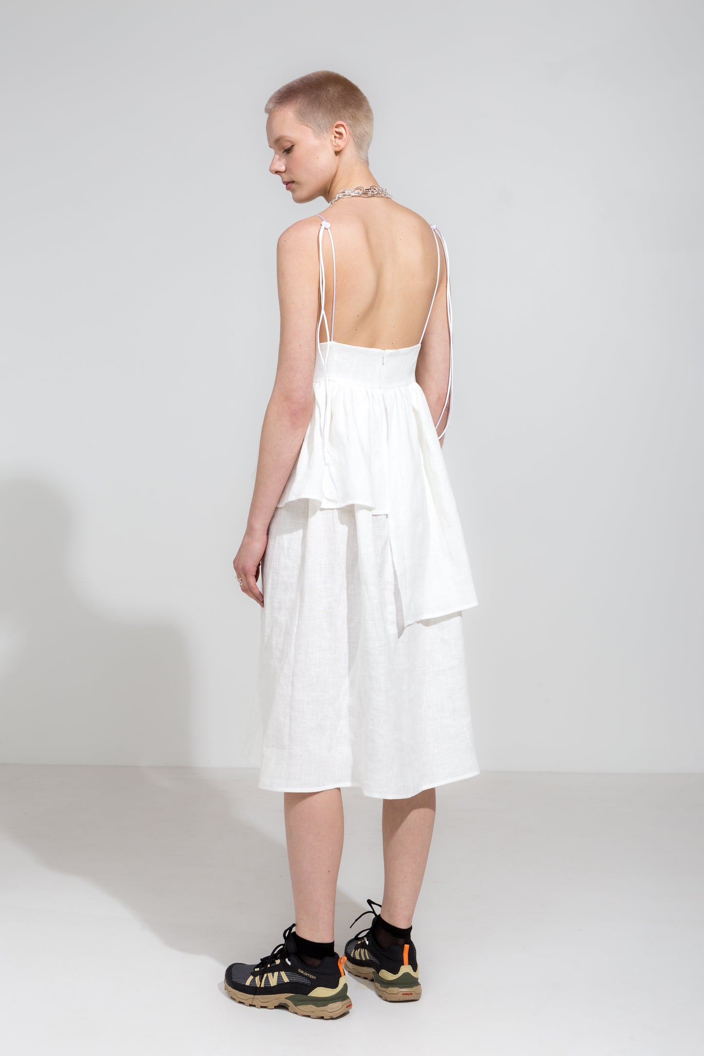 White linen strap dress
