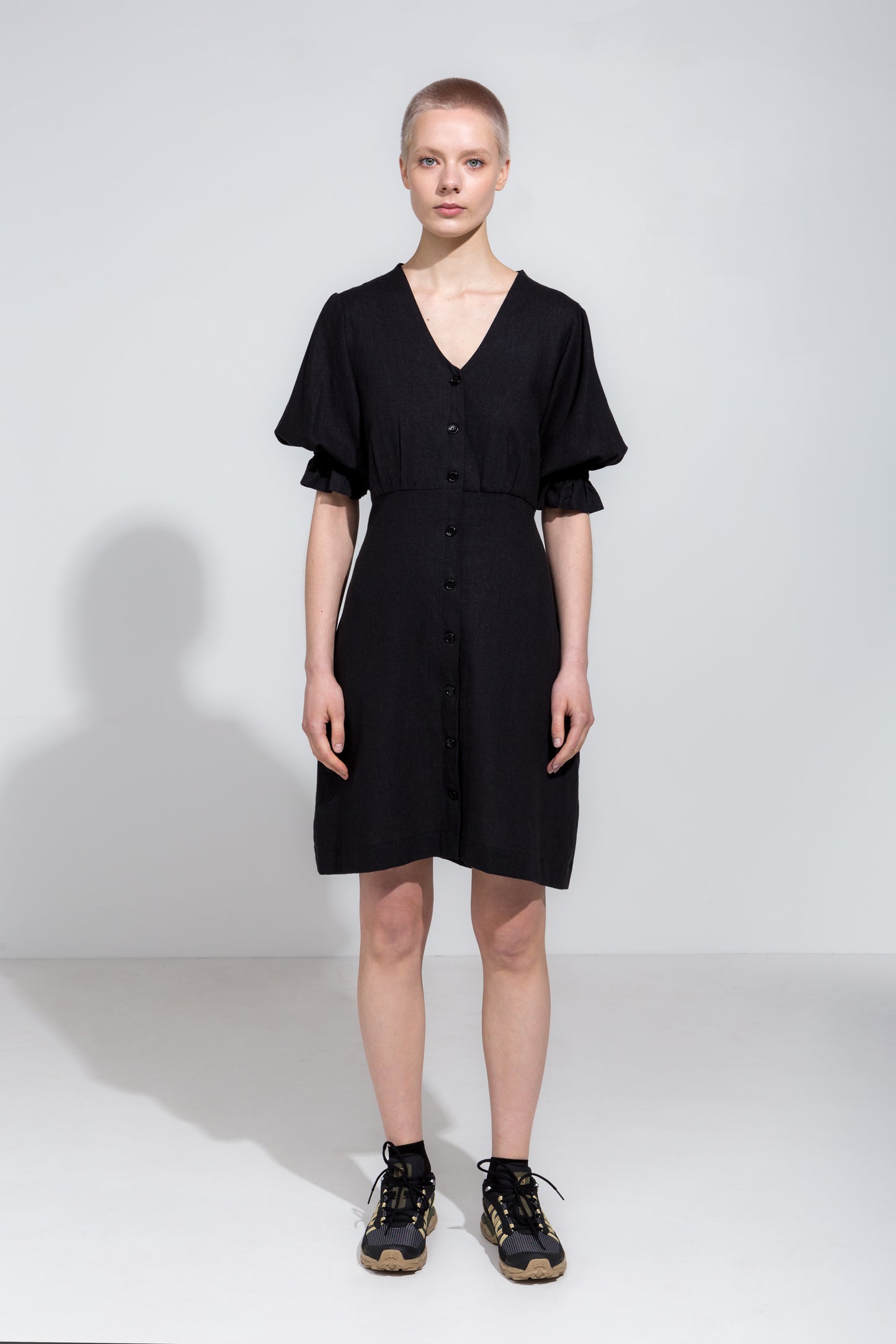 Black linen puff sleeve dress