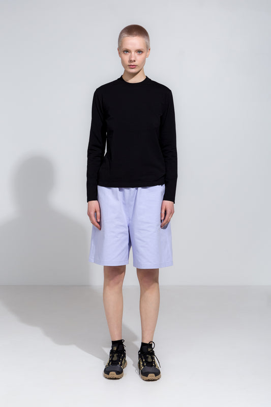 Black longsleeve t-shirt and lilac workwear shorts in organic twill