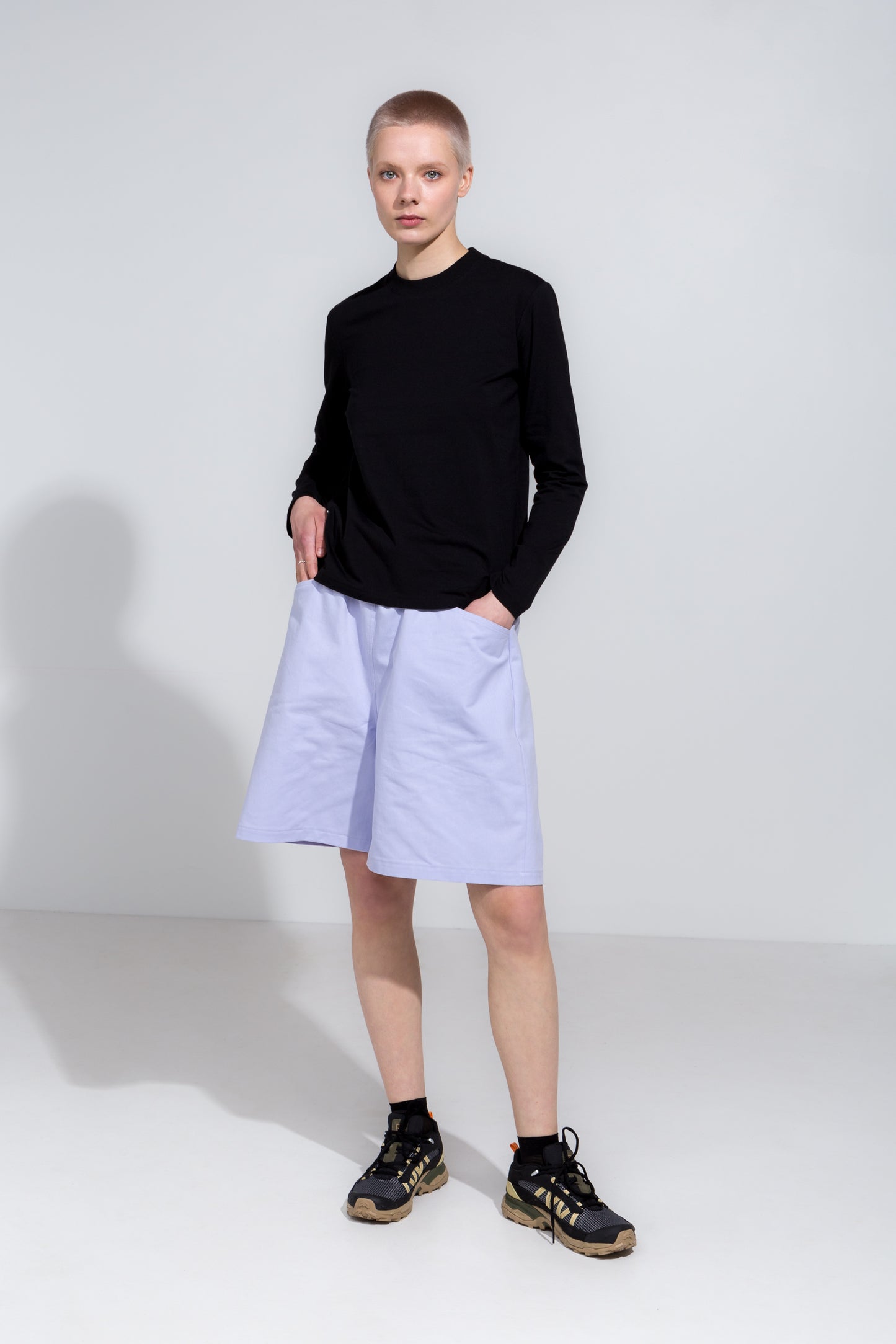 Black longsleeve t-shirt and lilac workwear shorts in organic twill