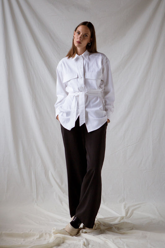 Relaxed black tencel trousers and white organic twill shirt
