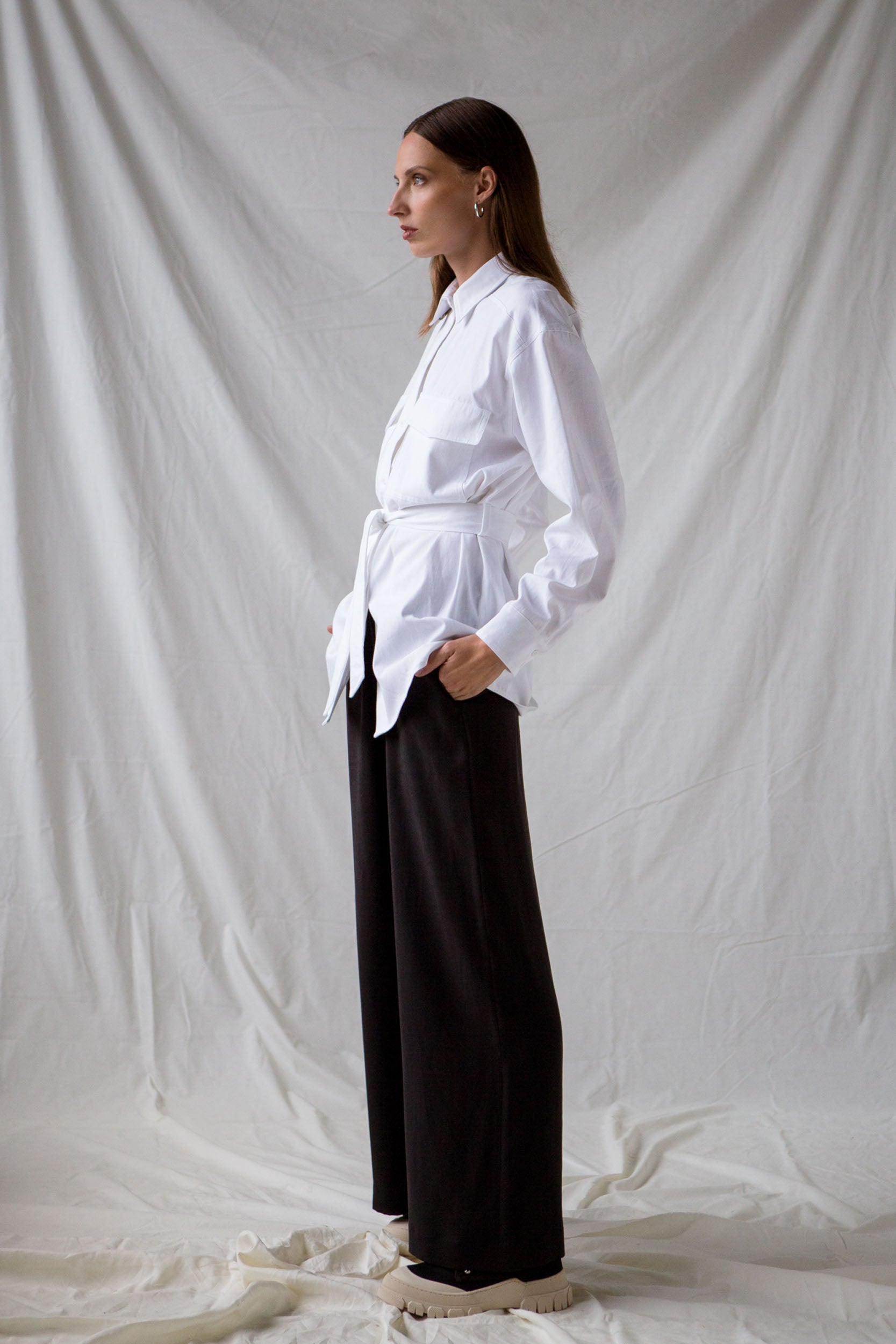 Relaxed black tencel trousers and white organic twill shirt