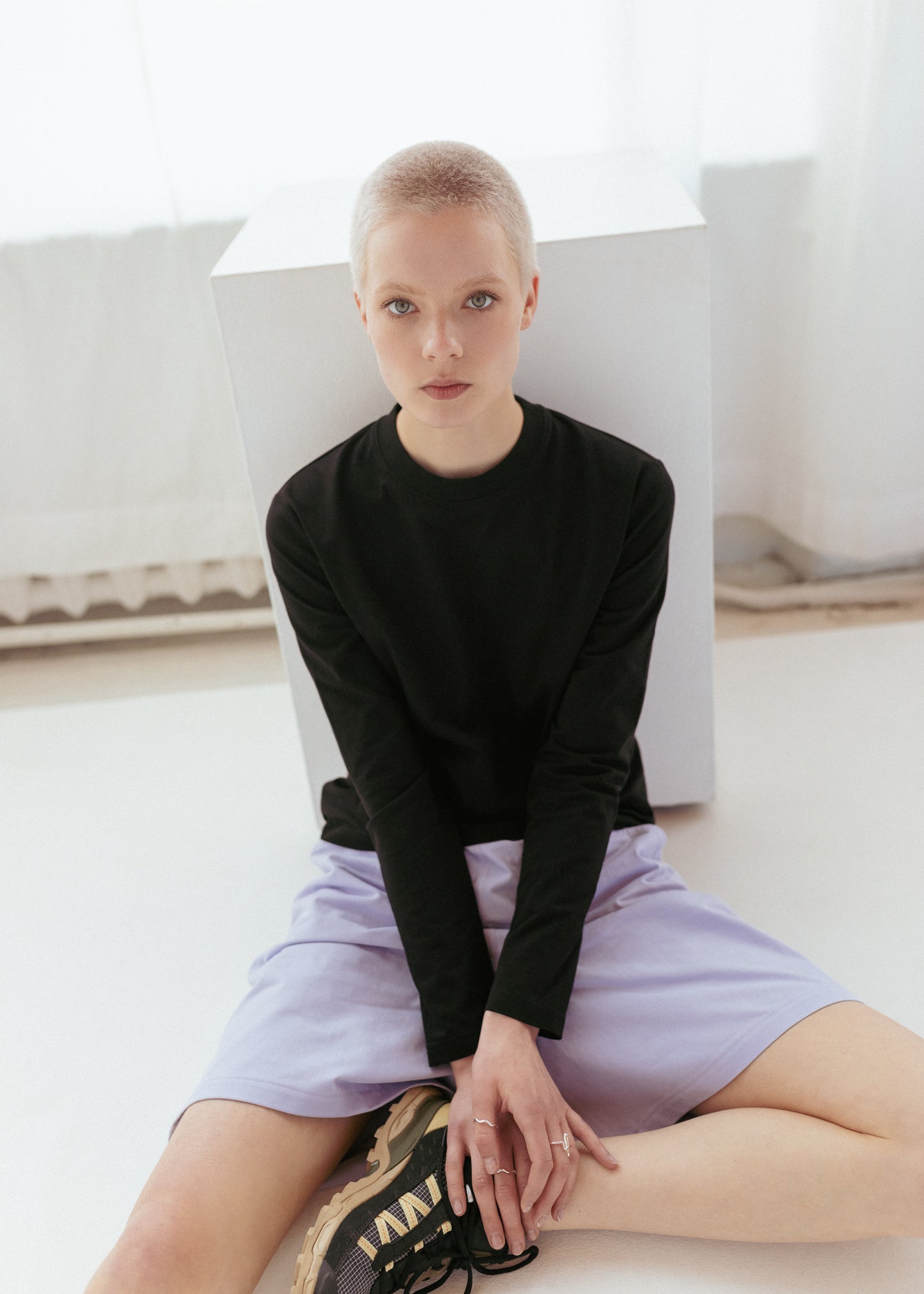 Black longsleeve t-shirt and lilac workwear shorts in organic twill