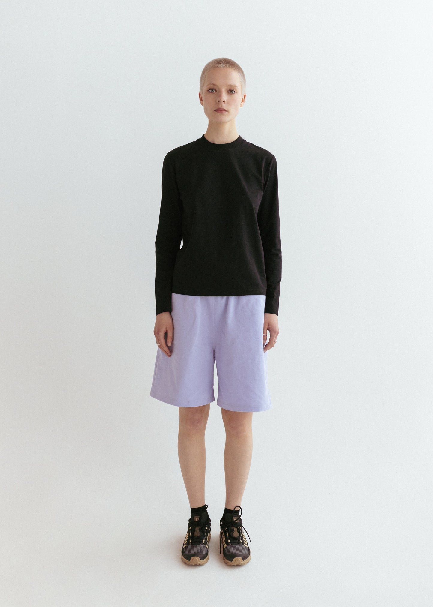 Black longsleeve t-shirt and lilac workwear shorts in organic twill