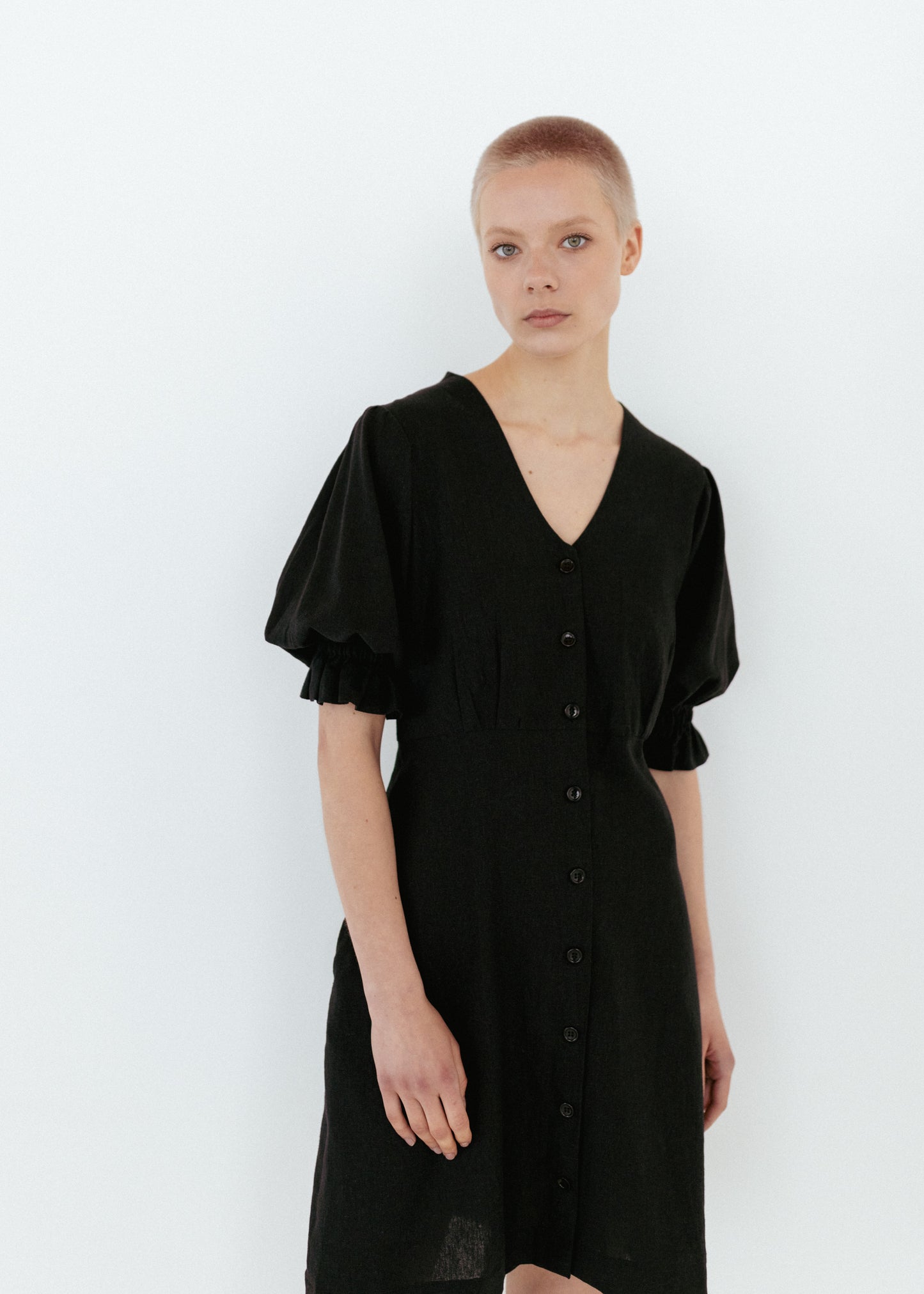 Black linen puff sleeve dress