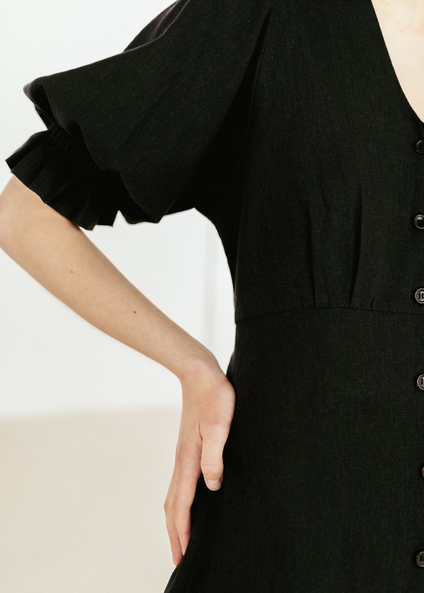 Black linen puff sleeve dress