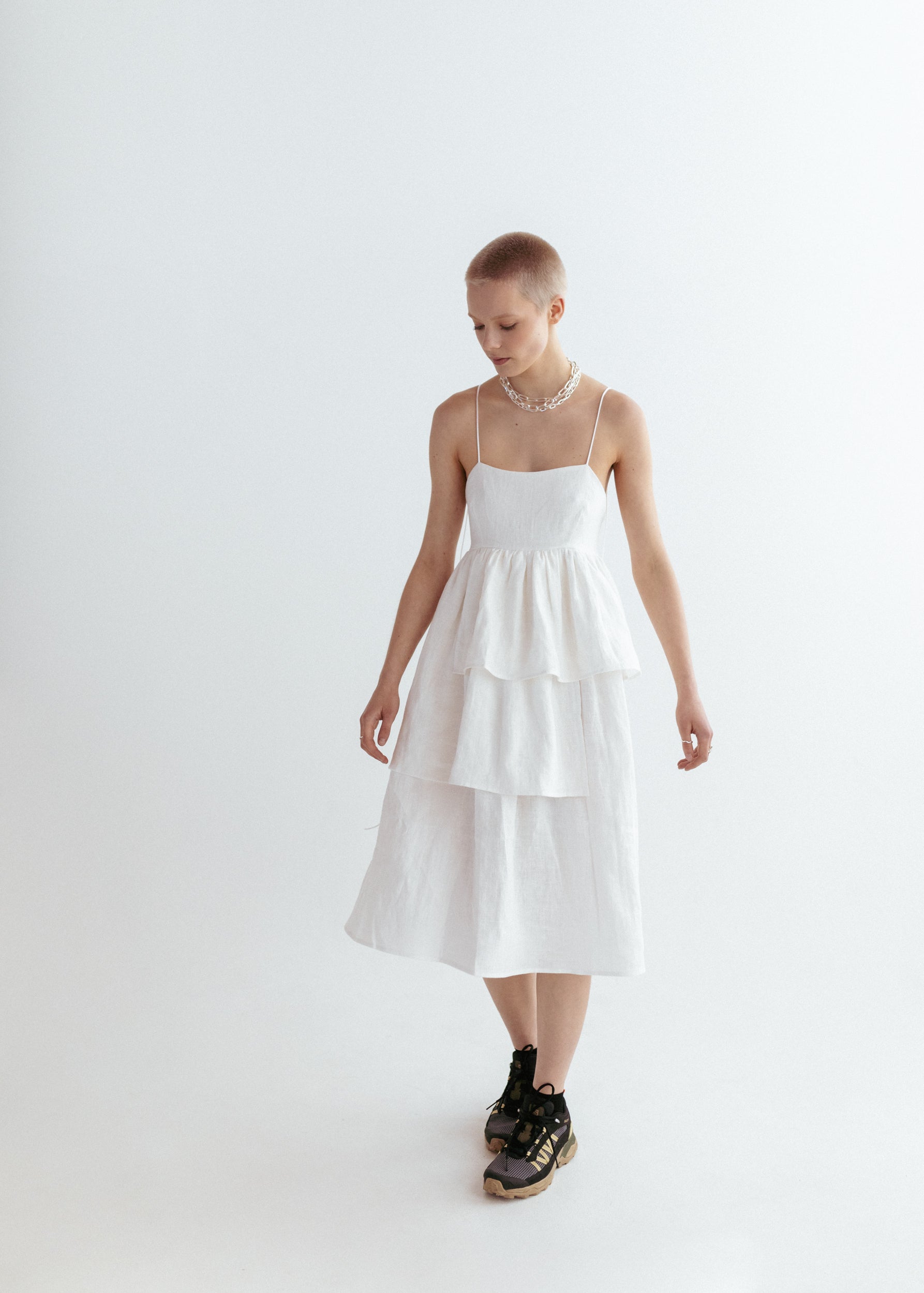 White linen strap dress