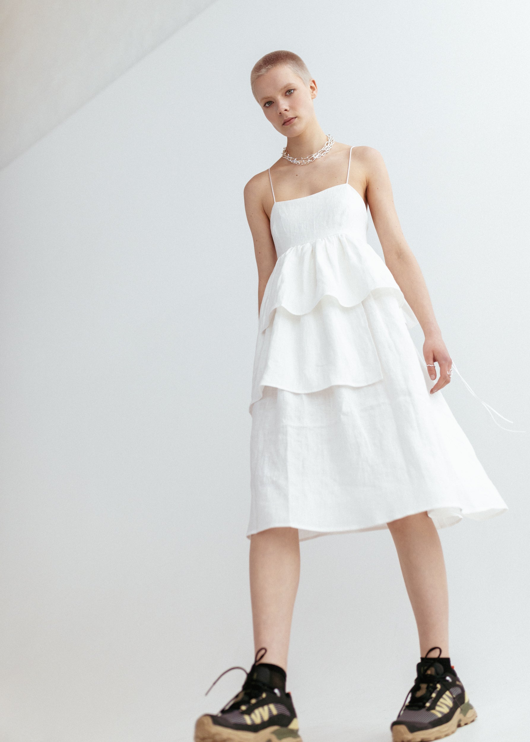 White linen strap dress
