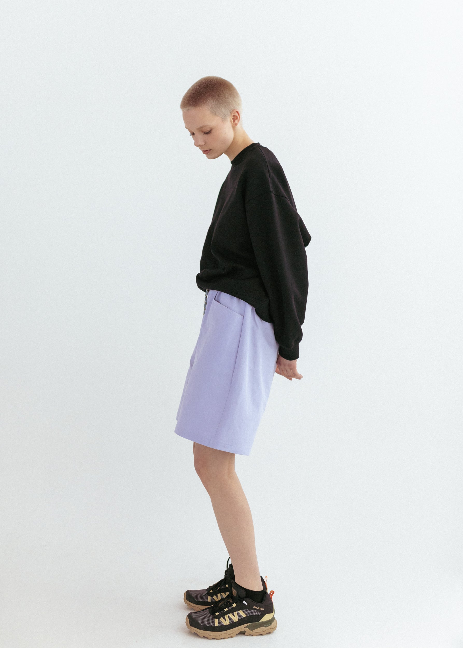 Lilac relaxed fit twill shorts and black organic sweatshirt