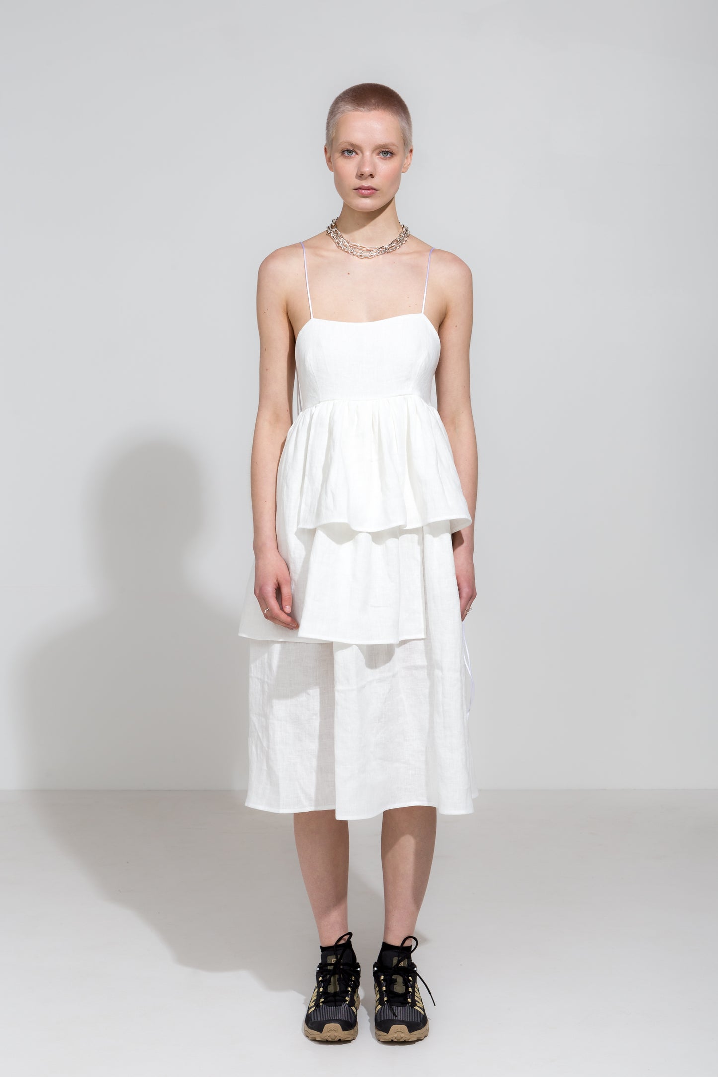 White linen strap dress