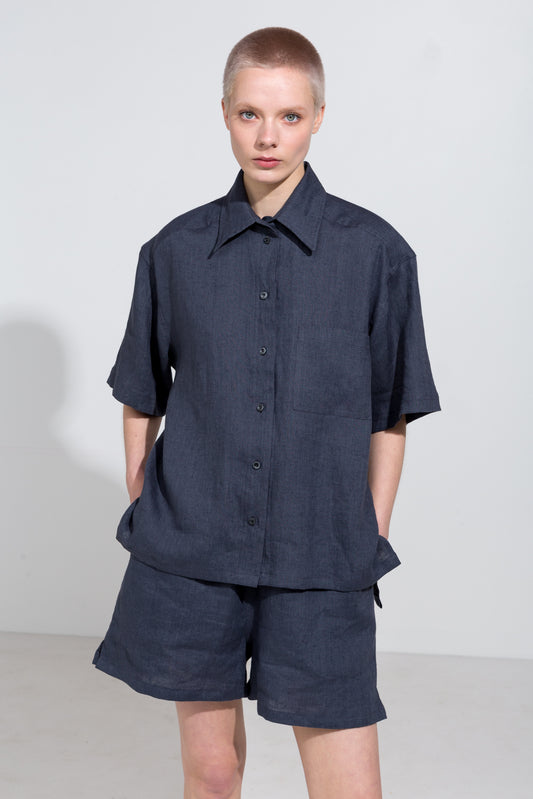 Relaxed fit short sleeve shirt and shorts in asphalt grey linen