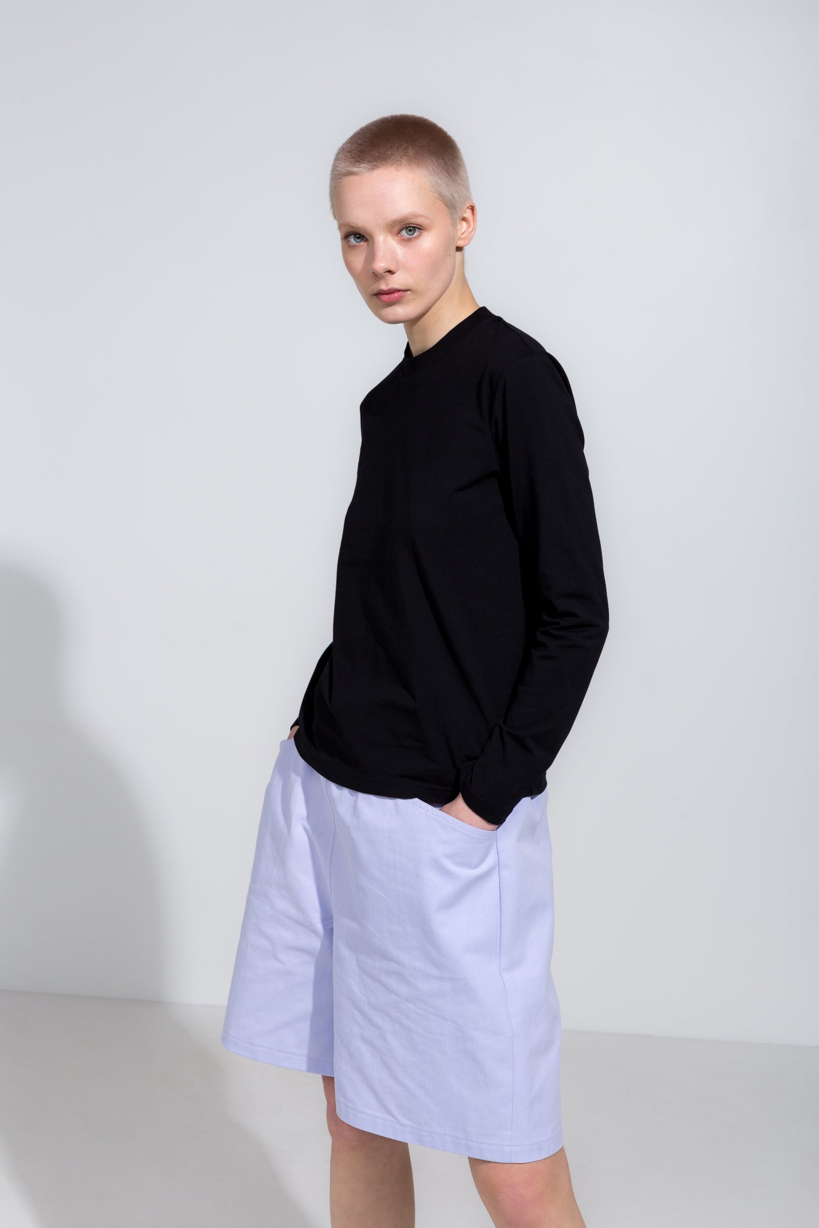 Black longsleeve t-shirt and lilac workwear shorts in organic twill