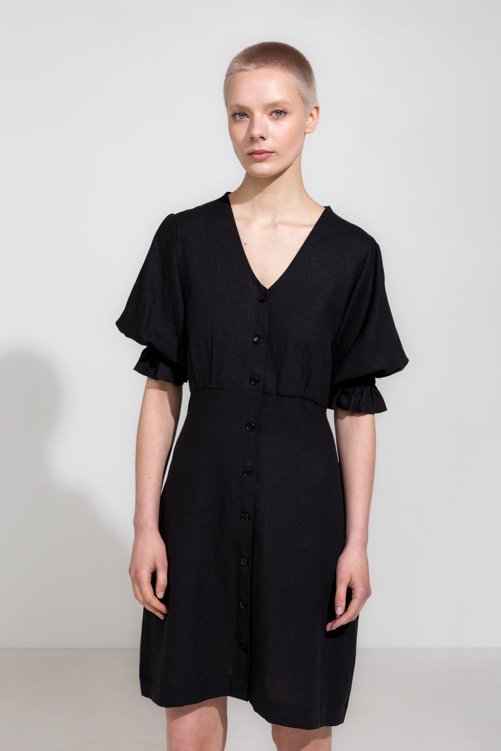 Black linen puff sleeve dress