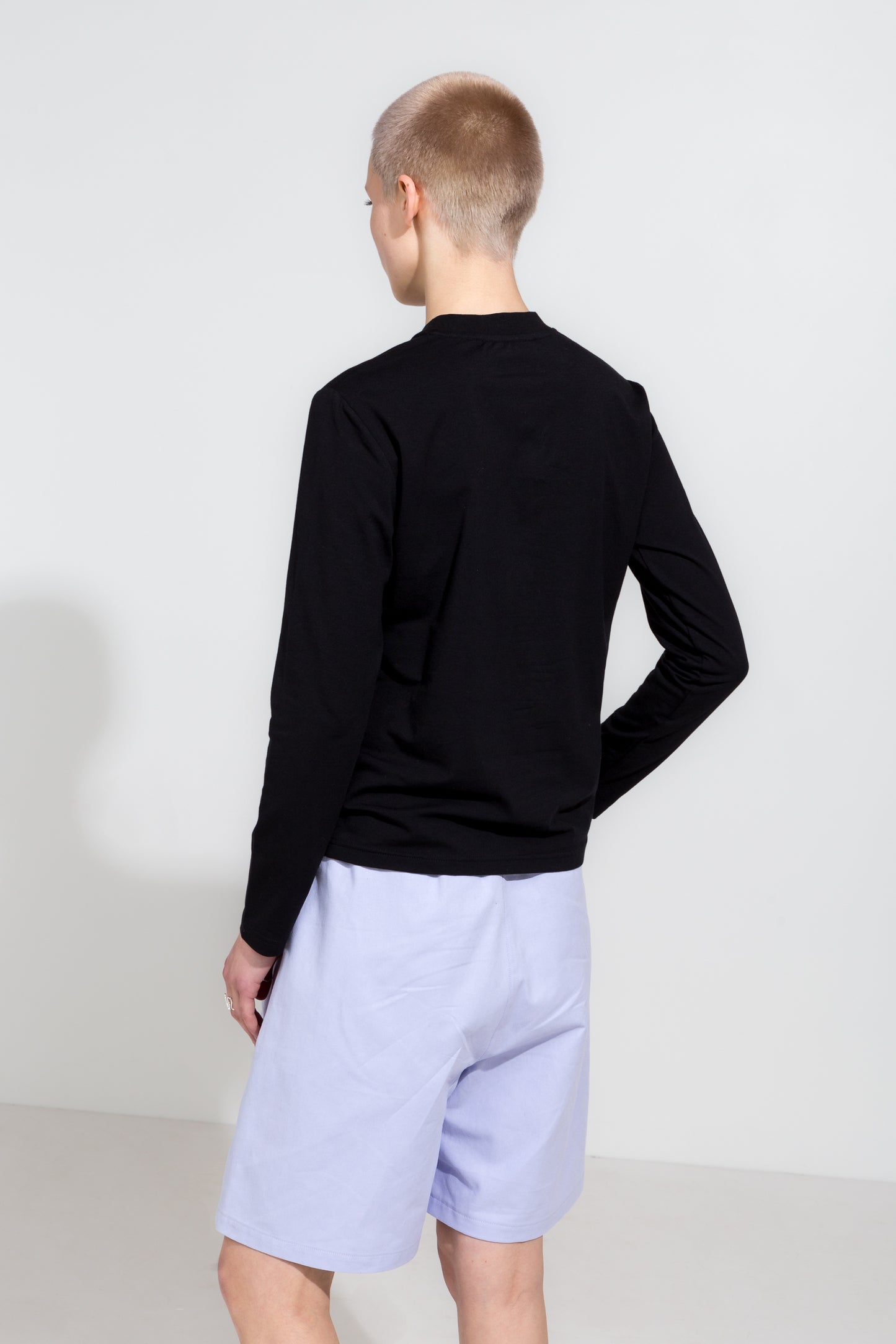 Black longsleeve t-shirt and lilac workwear shorts in organic twill
