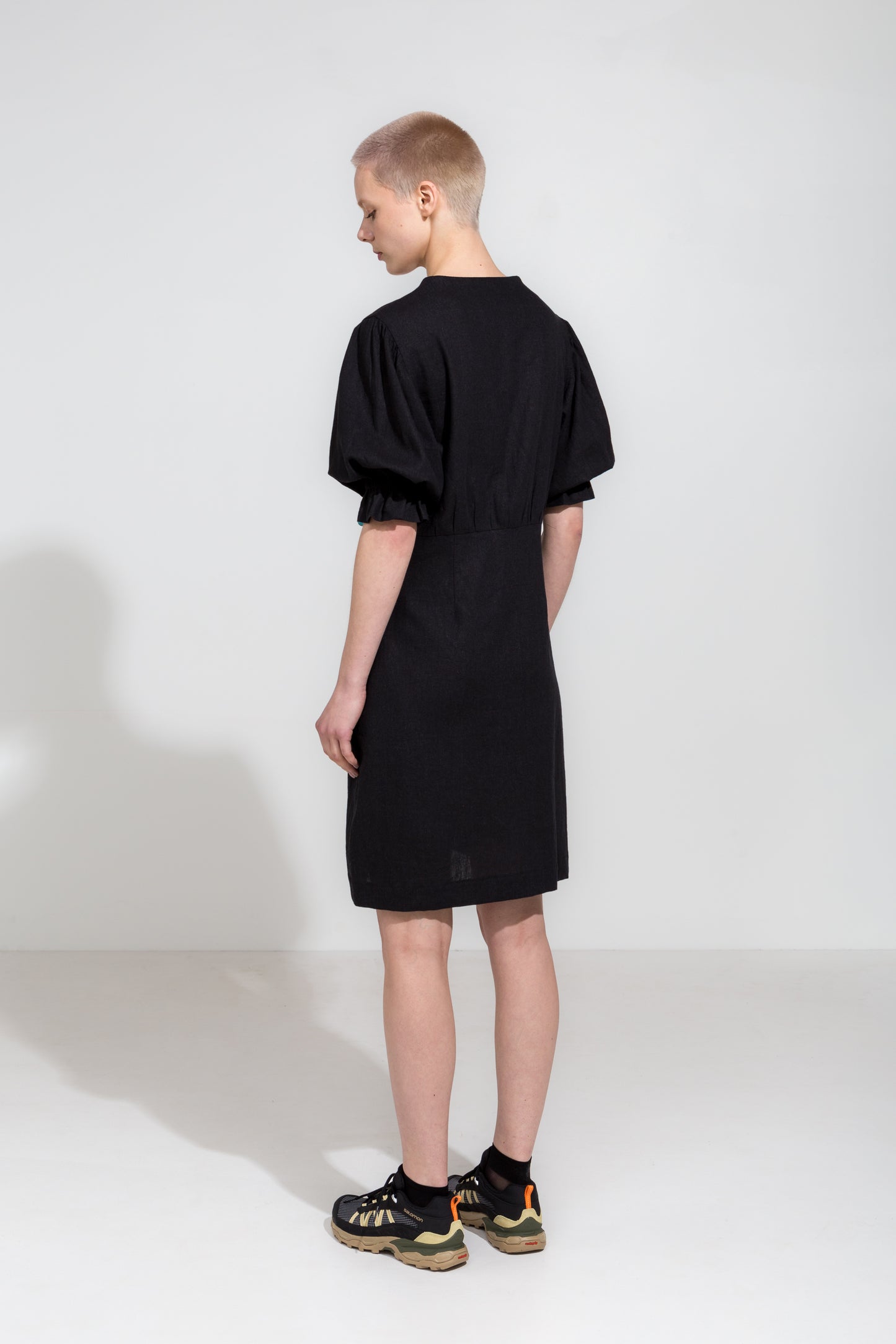 Black linen puff sleeve dress